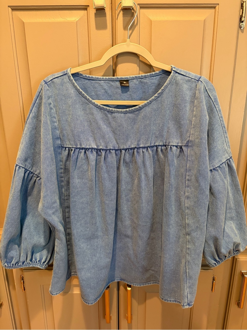SHEIN Boheyela Light Wash Cotton Denim Peasant Blouse - Light Blue - Picture 2 of 3